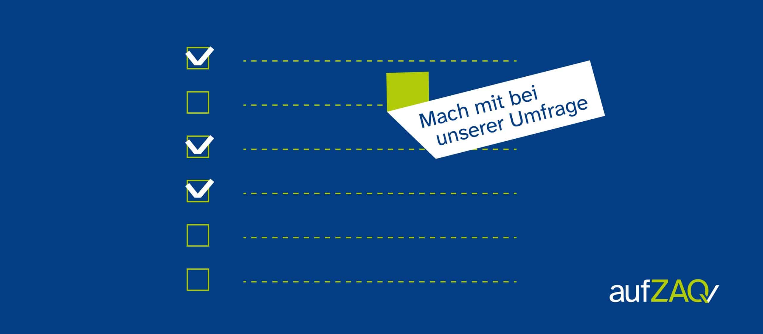 Checkliste mit Haken und leeren Kästchen. Aufforderung zur Teilnahme an einer Umfrage.